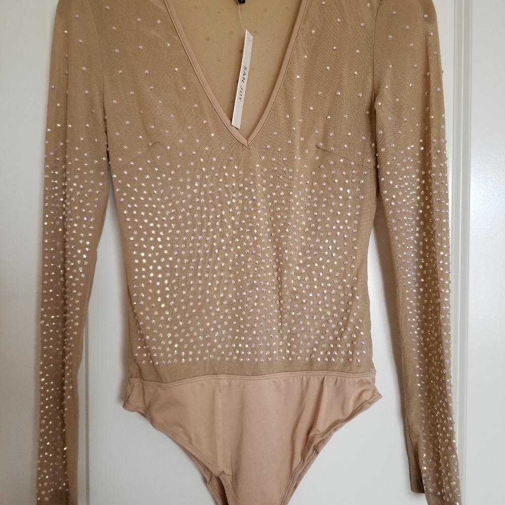 Forever21 V-neck Bejeweled Long-sleeved Bodysuit